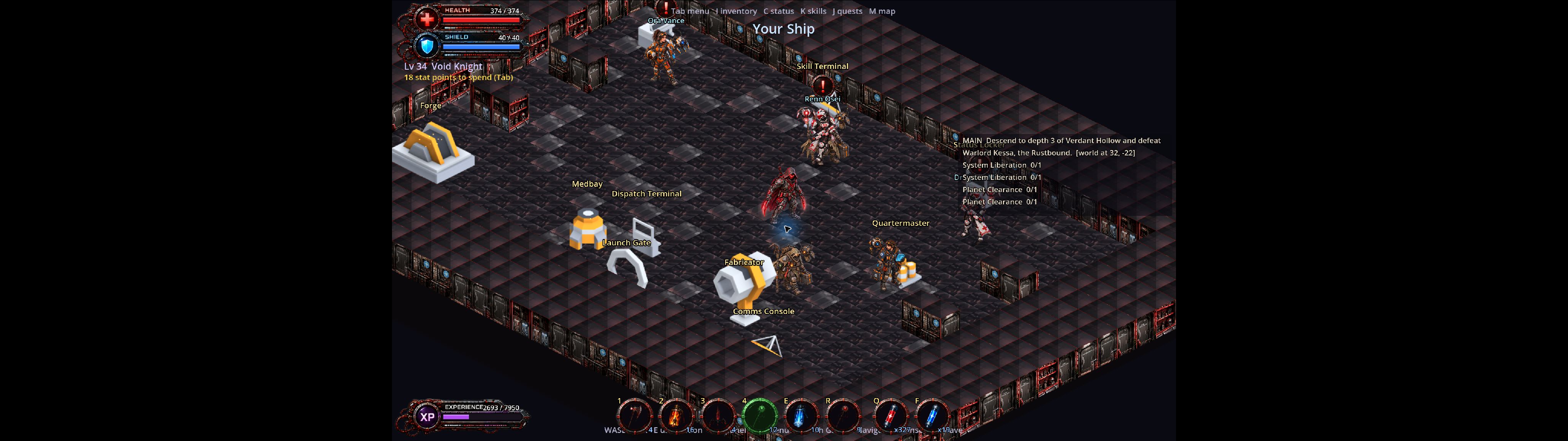 Isometric gameplay aboard the player's ship, with character HUD and crew stations visible