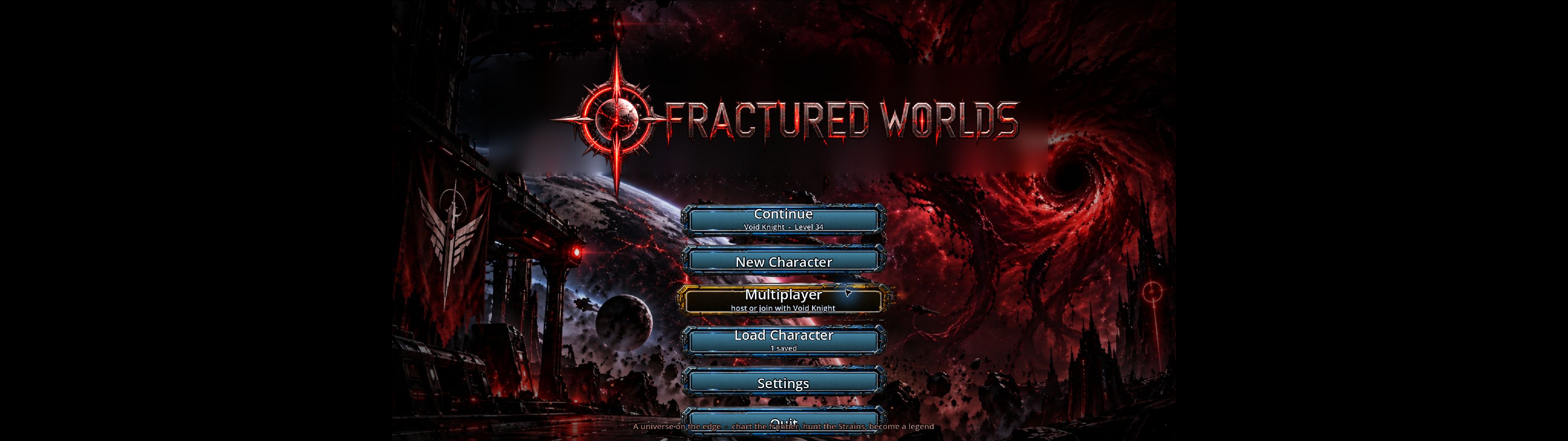 Fractured Worlds title screen over a shattered red star system